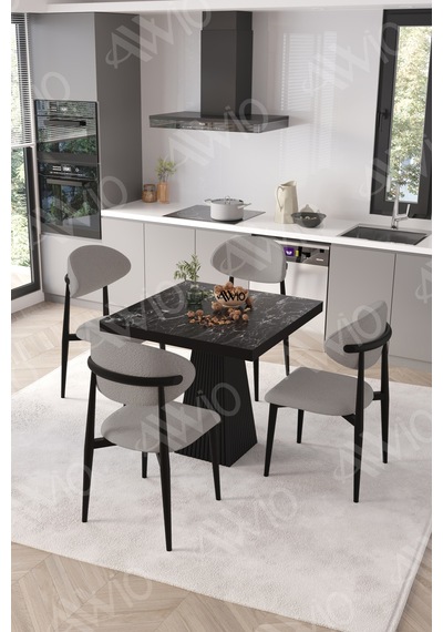 Avvio Marven Siyah Polo Metal Sandalye 90x90 Kare Yemek Masası Mutfak Masası Masa Sandalye Takımı Siyah Mermer