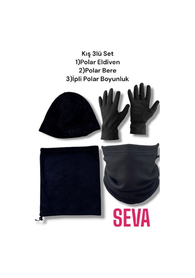 Seva Unisex Siyah Polar Boyunluk-polar Bere-polar Eldiven Seti