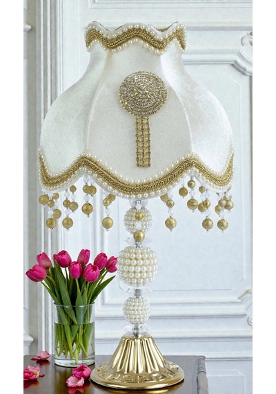 Vintage Ekru Kadife Kumaş Gold Ayak Swarovski Süsleme Broş Abajur Ab0001 50x30cm Ekru