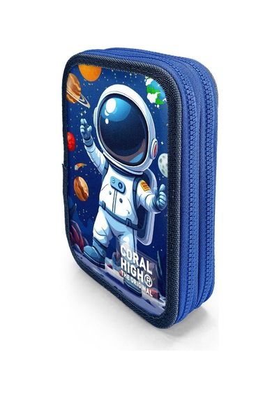 Coral High Kids Lacivert Astronot Desenli Çift Katlı Kalem Çanta 31116 Çok Renkli