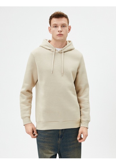 Koton Basic Kapşonlu Sweatshirt Uzun Kollu Ribanalı Şardonlu Bej 4sam70001mk Ekru