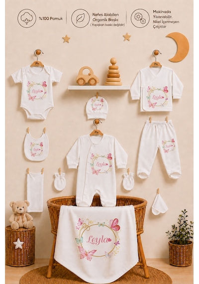 Pia Baby Kız Bebek Yenidoğan Hastane Çıkışı 10 Parça %100 Pamuk Organik Baskılı İsimli Set 1077100x Ekru