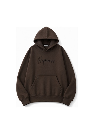 Herkesemoda Happines Baskılı Kapüşonlu 2 İplik Şardonlu Sweatshirt Kahverengi