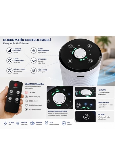 Kule Tipi Kumandalı Vantilatör 45w Beyaz 3 Hız Kademesi, 65 Salınım, Dokunmatik Panel, Uzaktan Kumandalı