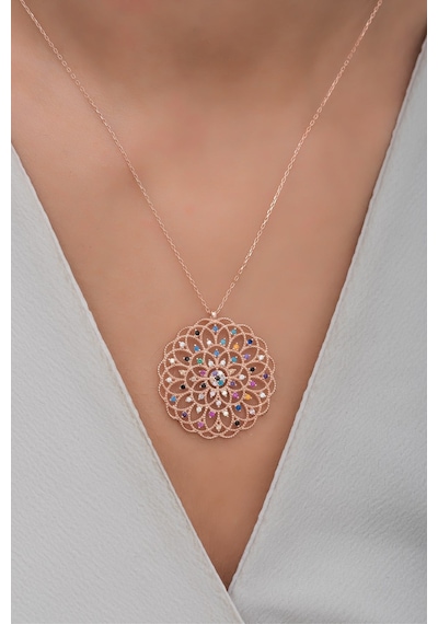 925 Ayar Gümüş Renkli Taşlı Yaşam Çiçeği Kolye Rose Gold