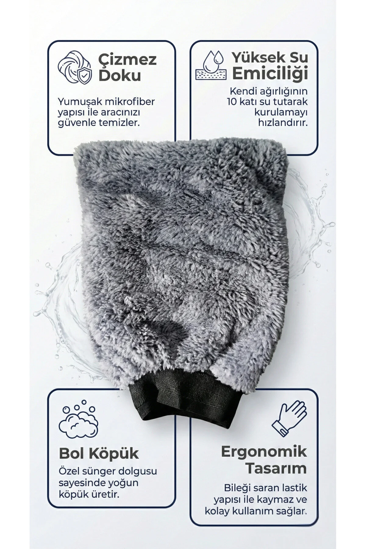 Premium Mikrofiber Araba Yıkama Eldiveni Çizmez, Yüksek Su Emici Gri Peluş Oto Yıkama Kesesi