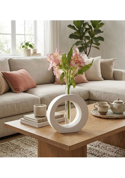 Beyaz Taş Tozu Halka Vazo Ve Cam Tüp Difüzör Seti - Minimalist Oval Geometrik Oda Kokusu Standı Beyaz