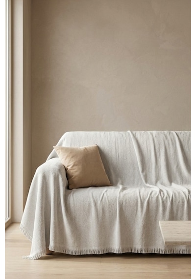 İskandinav Dokulu Pamuklu Saçaklı Koltuk Örtüsü Ve Koltuk Şalı Kaymaz Terletmez 180x300 Cm Açık Gri