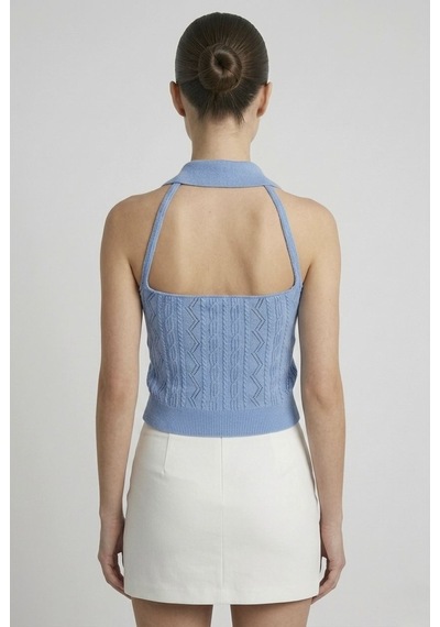 Neden Tekstil Kadın Polo Yaka Sırt Dekolteli Crop Bluz - Mavi