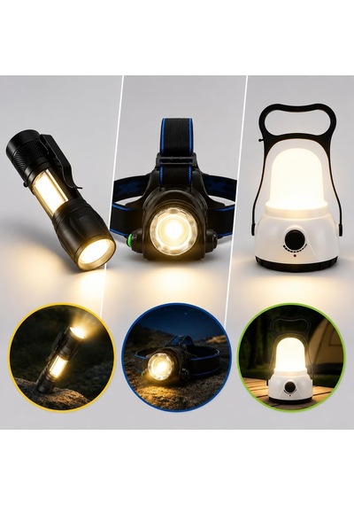 3'lü Şarjlı Led Fener Seti Usb Şarjlı El Feneri Kafa Lambası Kamp Lambası Güçlü Işık Acil Durum Outdoor Diğer