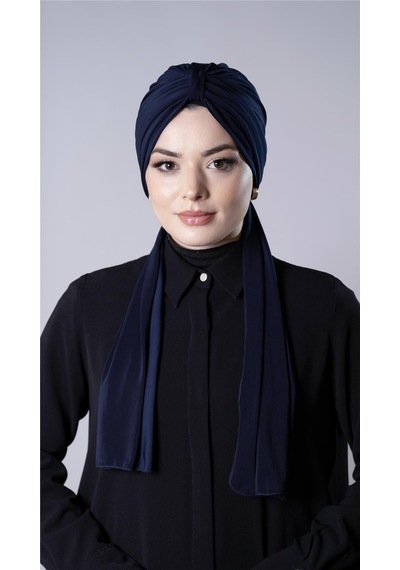Hürrem Bone Lacivert Pratik Hazır Geçmeli Tesettür Bone Sandy Kumaş Atkılı 2204 02 Lacivert
