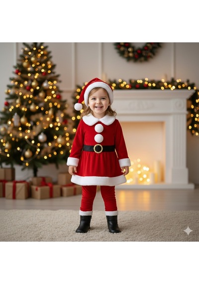 2 3 Yaş Kız Çocuk Noel Baba Kostümü Şapkalı Ve Kemerli Yılbaşı Elbise Seti Diğer