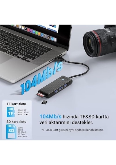Type-c To 3.0 Tf Sd Kart Okuyucu 3 Portlu Usb 3.0 Çoklayıcı Adaptör Siyah