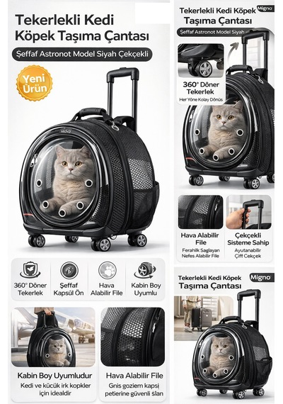Jumbo Fileli Tekerlekli Kedi Köpek Taşıma Çantası 45 X 50 X 27 Cm Siyah 15 Kg