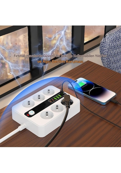 6'lı Grup Priz 4xusb 2xtype-c Çıkışlı Isıya Dayanıklı Power Tuşlu 2 Mt Kablolu Priz Çoğaltıcı 2 M
