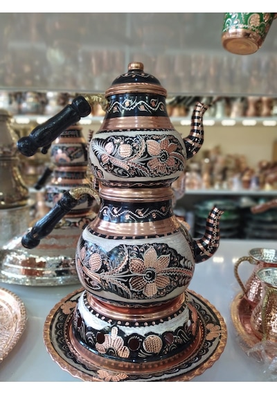 İşlemeli Bakır Çaydanlık- Osmanlı Ocaklı Bakır Demlik Takımı Siyah