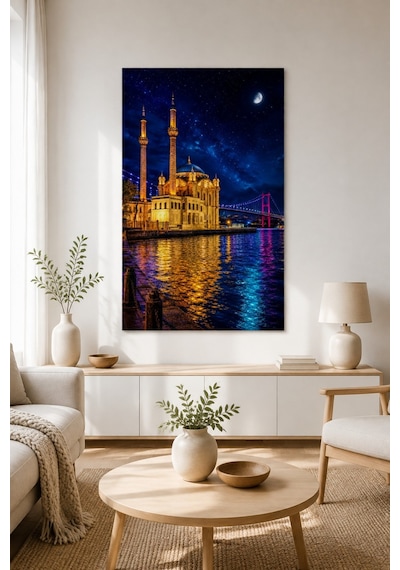 Ortaköy Camii Baskılı Cam Tablo Gece Boğaz Manzaralı Duvar Dekoru