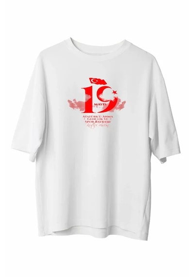 Modi 19 Mayıs Atatürk Temalı Gençlik Ve Spor Bayramı Bisiklet Yaka T-shirt - Beyaz Açık Beyaz