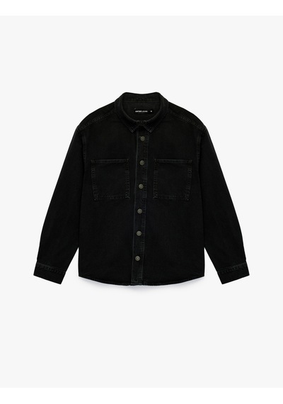 Koton Uzun Kollu Cepli Düğmeli Gömlek Yaka Oversize Jean Gömlek Ceket Siyah 6sam50069nd