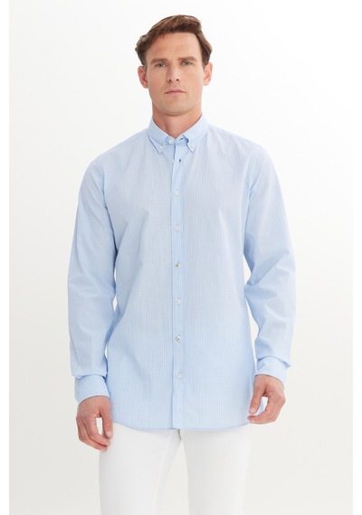 AC&Co / Altınyıldız Classics Erkek Beyaz Mavı Pamuklu Slim Fit Dar Kesim Düğmeli Yaka Kareli Gömlek Beyaz Mavı