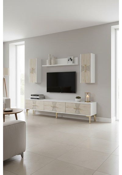Tvr1832btg Slim Tv Ünitesi Takımı Beyaz-traverten-gold 180cm