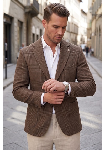 Rizzup Erkek Slim Fit Ekose Kahve Blazer Ceket Astarlı Kışlık Şık Spor Ceket 2702420