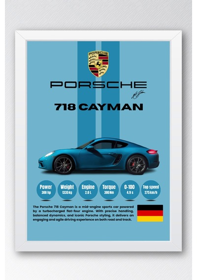 Porsche 718 Cayman Premium Spor Araba Çerçeveli Tablo - Teknik Özellikli Otomobil Sever Duvar Dekoru Beyaz Porsche 718 Cayman Premium Spor Araba Çerçeveli Tablo - Teknik Özellikli Otomobil Sever Duvar Dekoru Beyaz