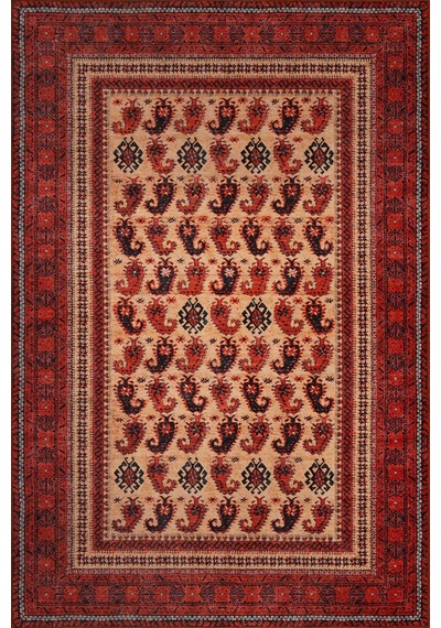 Artloop Dorian Eskitme Vintage Desenli Otantik Yıkanabilir Kırmızı Şönil Halı Al 441