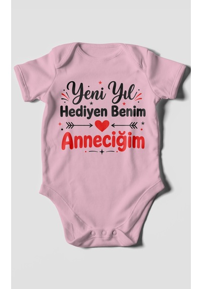 Morivokids Yeni Yıl Hediyen Benim Anneciğim Kısa Kollu Bebek Body %100 Pamuk Koyu Pembe