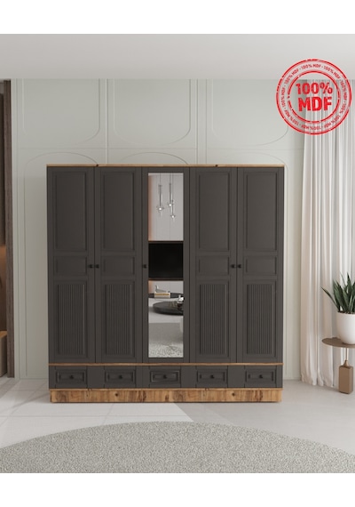 Nil 5 Kapaklı Çekmeceli Bazalı Gardırop - Tamamı Mdf Antrasit