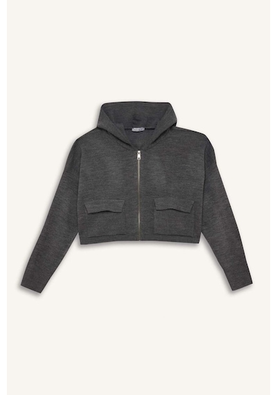 DeFacto Regular Fit Kapüşonlu Basic Düz Fermuarlı Triko Hırka E2270AXNSGR105 Gri