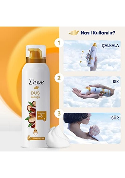 Dove Argan Yağı Duş Köpüğü,10 Kat Daha Yoğun Köpüğe Sahip Kremsi Formül, 200 Ml, Beyaz Acai Üzümü