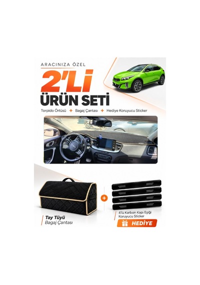 Kia X-ceed 2020-2025 Uyumlu Torpido Örtüsü + Tay Tüyü Bagaj Çantası + Sticker Seti - Siyah Bej