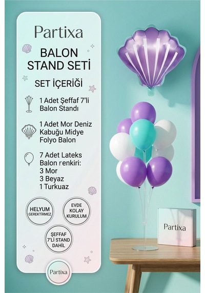 Mor Deniz Kabuğu Midye Balon Stand Seti Şeffaf 7 Li Stand + Mor Midye Folyo Balon + 7 Lateks Balon