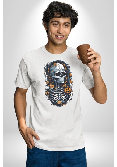 Cadılar Bayramı Kuru Kafa Unisex Unisex Beyaz Organik Baskılı T-shirt Penye Yüksek Kalite Beyaz