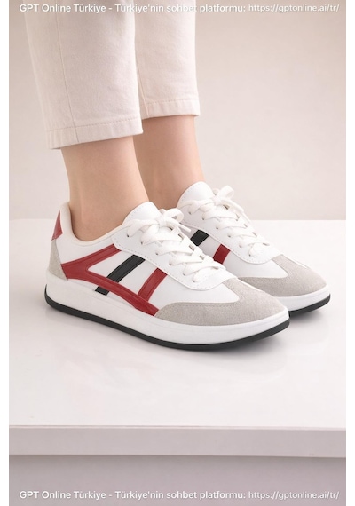Unisex Günlük Spor Ayakkabı Bağcıklı Şerit Detaylı Sneaker Beyaz - Kırmızı