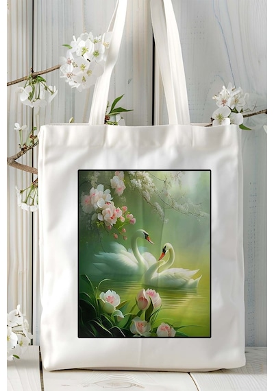 Art Hediye Kuğu Baskılı Omuz Çanta Kişiye Özel Model 10 Çok Renkli