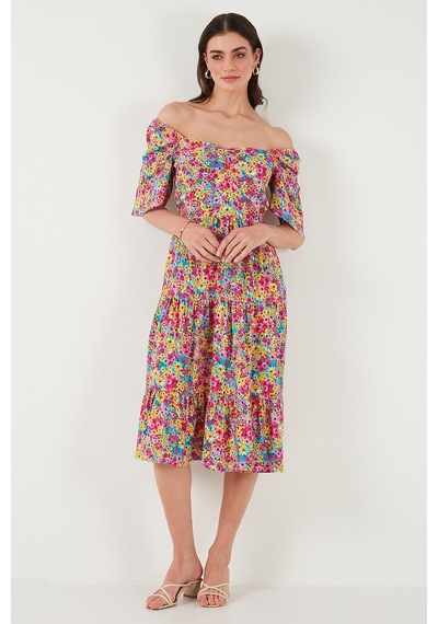 Lela Desenli Oversize Fit Carmen Yaka Büzgü Detaylı Midi Boy Bayan Elbise 67810557 Fuşya
