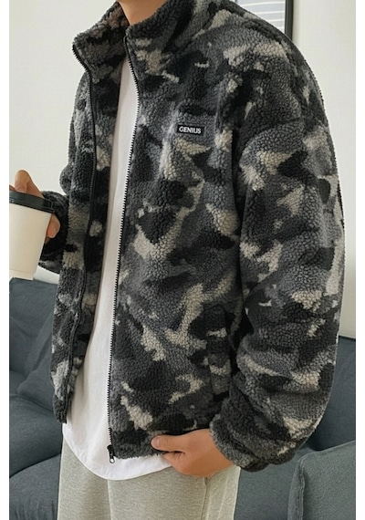 Genius Store Oversize Peluş Tam Fermuarlı Sweatshirt Peluş İçi Polarlı Sherpa Kumaş Sweatshirt Antrasit