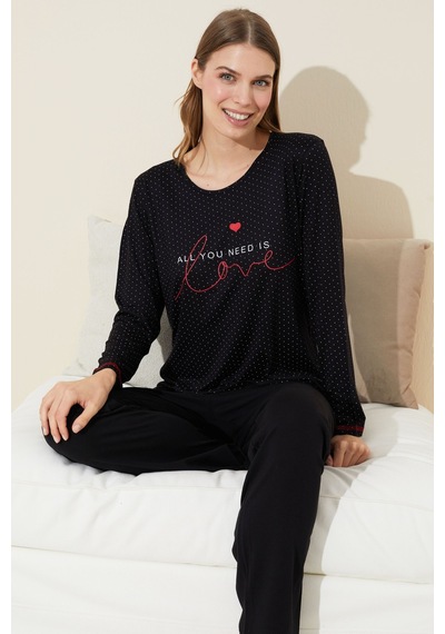 Siyah İnci Pamuklu Örme Pijama Takım 24240116 Siyah
