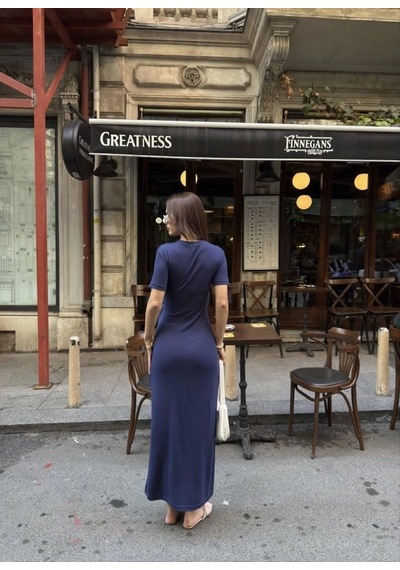 Defymoda Osy Modal Yumuşak Dokulu Kumaş Bisiklet Yaka Kısa Kollu Kuşaklı Uzun Elbise - Mavi Mavi