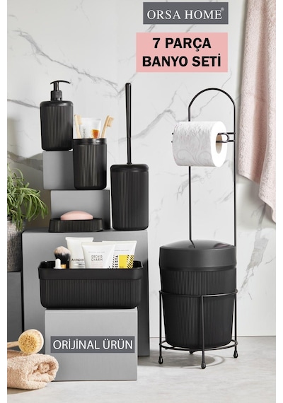 7 Parça Siyah Banyo Seti Metal Stantlı Kovalı Wc Kağıtlık Kozmetik Kutusu Diş Fırçalık Ve Sabunlukla