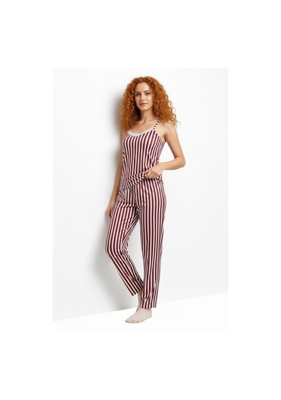 Altı Uzun İp Askılı Yumuşak Bordo Çizgili Pijama Takımı Bej