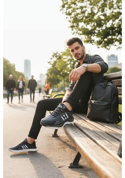 Enoch Erkek Siyah Beyaz Çizgili Sportif Yürüyüş Ayakkabısı - Ortopedik Destekli Sneaker Siyah - Gri