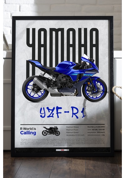 Yamaha Yzf R1 Siyah Ahşap Çerçeveli Poster, Dekoratif Motosiklet Duvar Tablosu