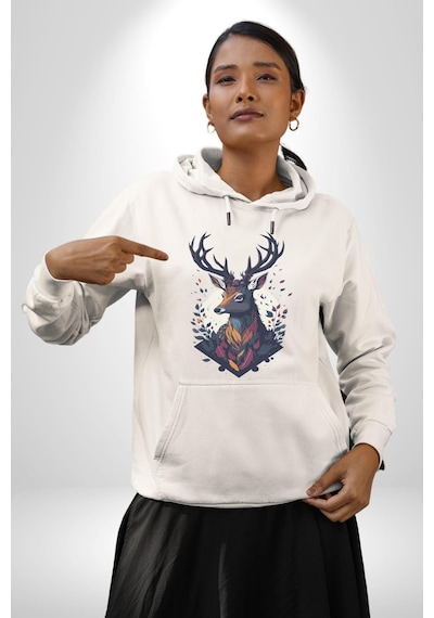 Geyik Kafası Yapraklar Kadın Erkek Beyaz Kapüşonlu Sweatshirt Hoodie Beyaz