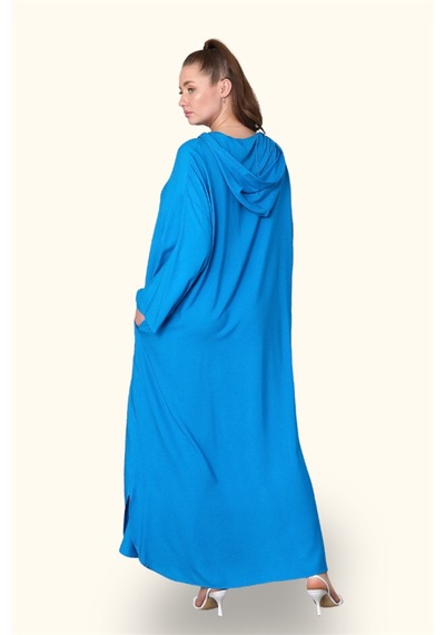 Veraura Lifestyle Mavi Kapüşonlu Nakışlı Cepli Oversize Uzun Elbise