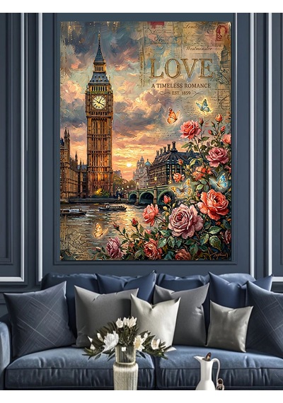 Çiçekli Londra Big Ben Dekoratif Kanvas - Mdf Ahşap Tablo
