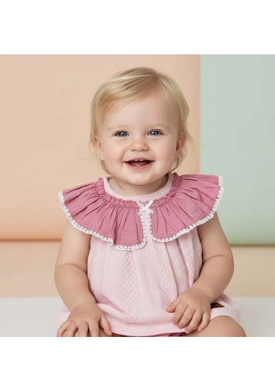 Ürünya Kız Bebek Çocuk Pamuklu Fırfır Yaka Sıfır Kol Çıtçıtlı Zıbın Pembe