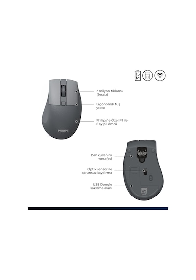 Philips SPK7528 Kablosuz Bluetooth 1600DPI 5 Tuşlu Sessiz Optik Mouse